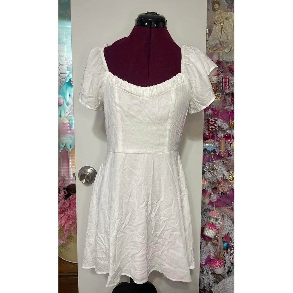 Row A Mini Dress Women Medium White Good Puff Sleeve Square Neck Fit & Flare
